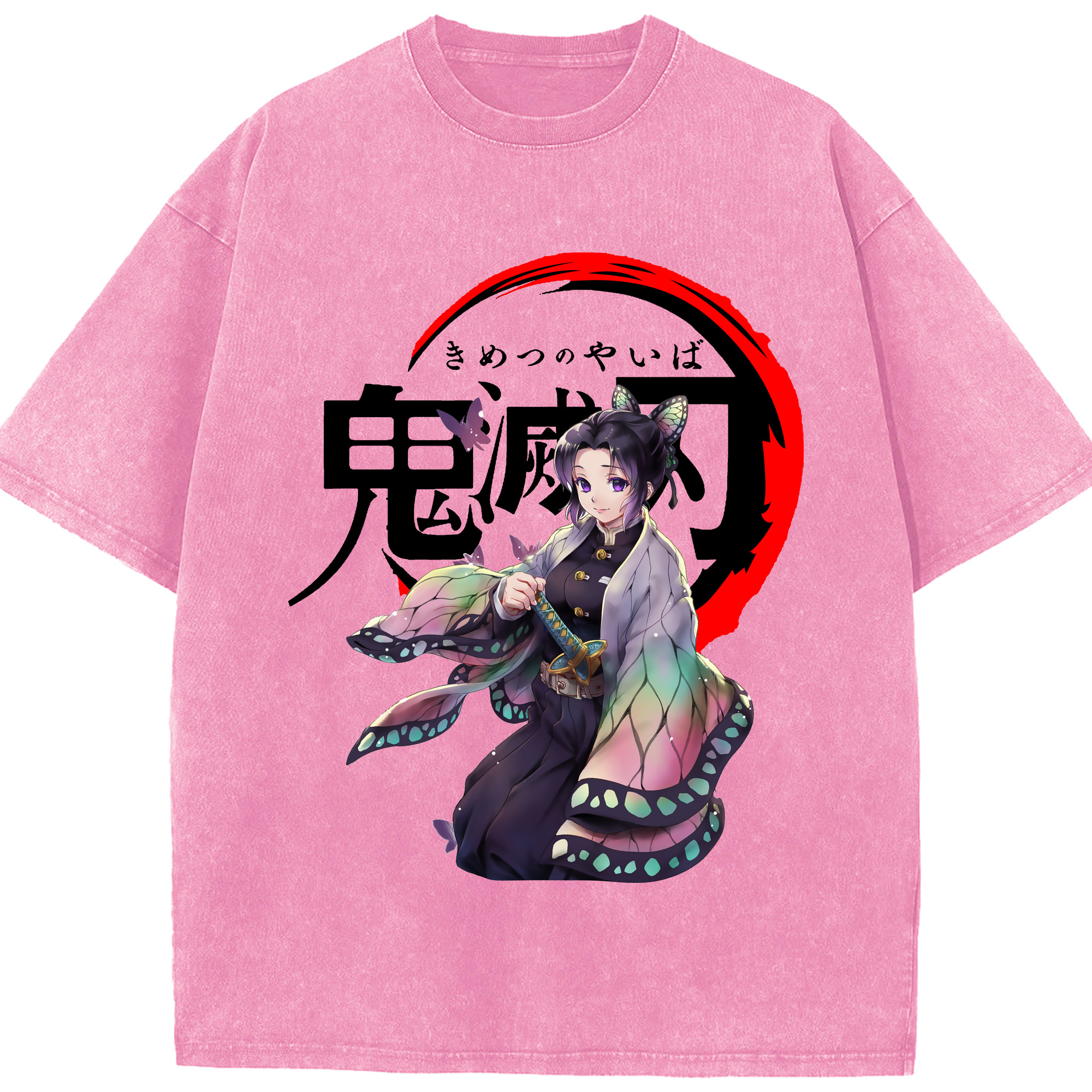 （画像用） 鬼滅の刃（きめつのやいば）蟲柱-胡蝶 しのぶ／こちょう しのぶ Kochou Shinobu 綿100% ヴィンテージ風 半袖Tシャツ（フロントプリント）